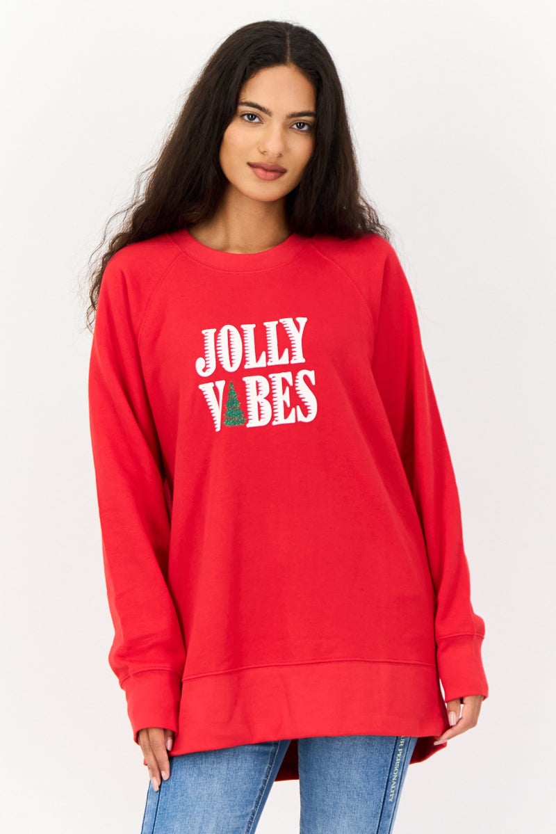 Style&Co Women Round Neck Graphic Print Long Sleeve Sweatshirts, Red - Image 1